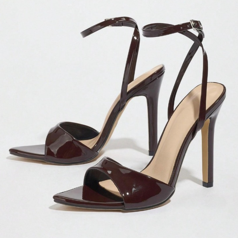 Women Shoes Branded - Coffee Patent Leather Heeled Sandals Women