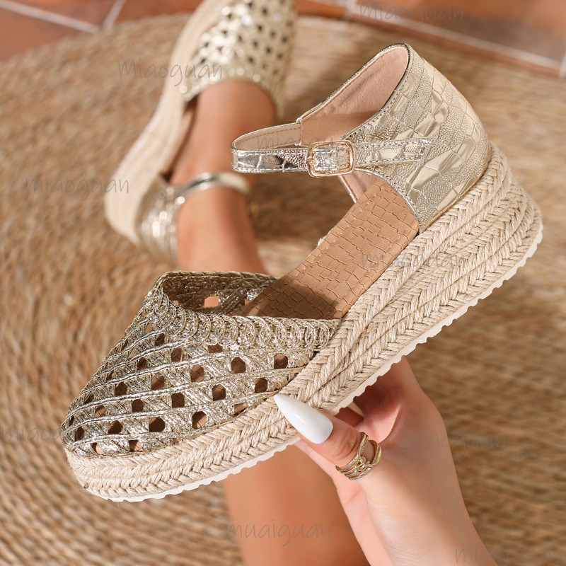 Boho Women's Hollow Out Woven  - مراجعة Espadrille Wedge Shoes وسعره
